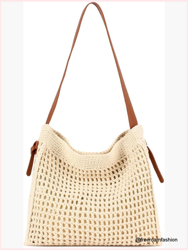Crochet Beach Tote Bag, Large Woven Shoulder Handbag For Vacation Travel